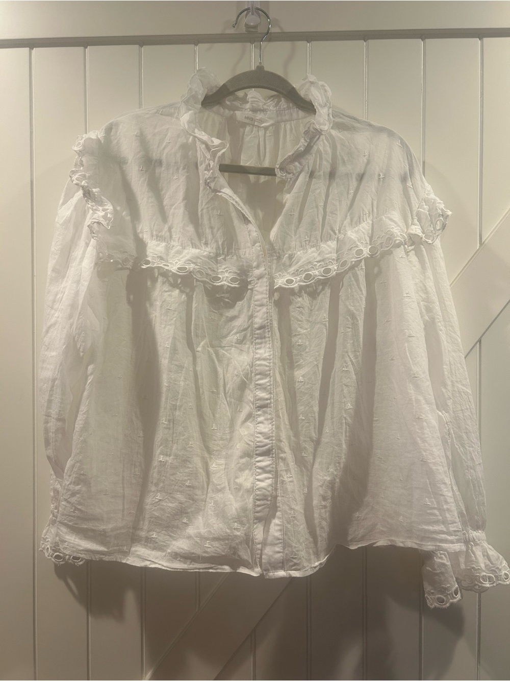 Mango MNG White Cotton Embroidered Eyelet Ruffle Long Sleeve Blouse Top Medium 6 - Picture 2 of 9